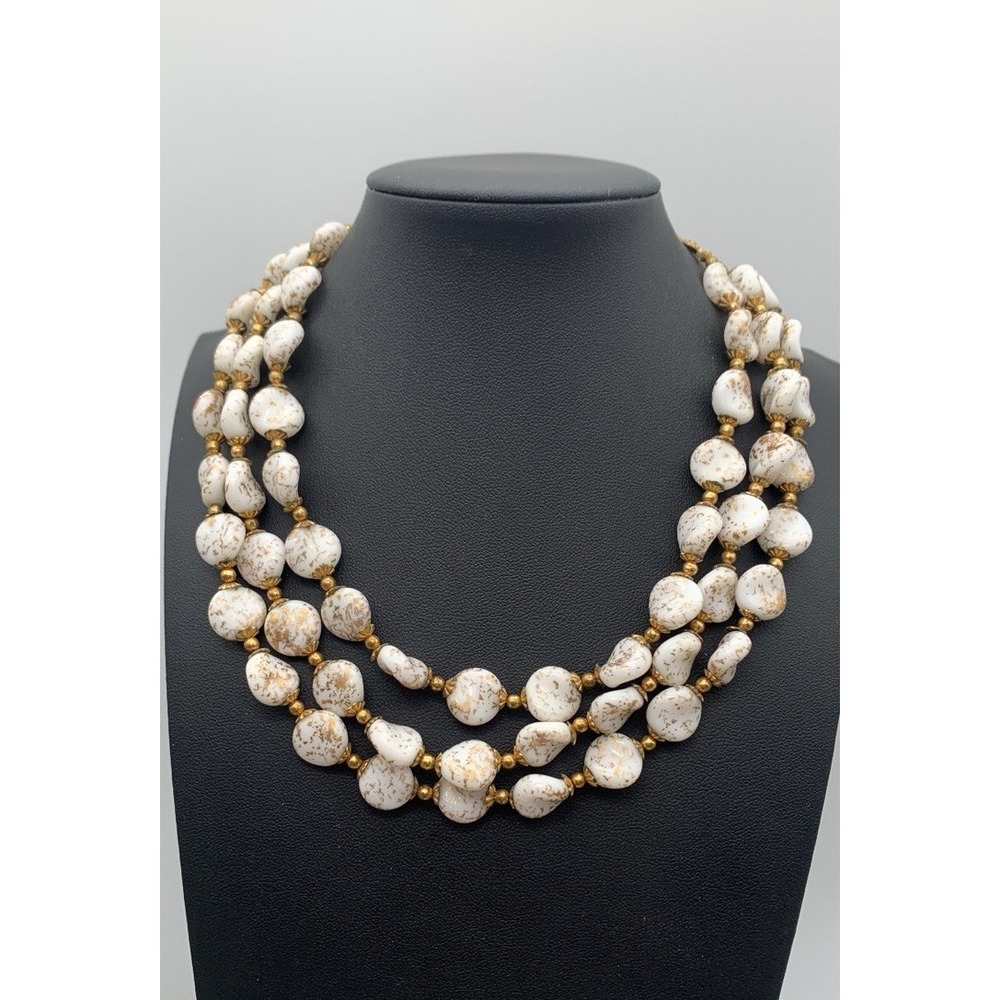 Vintage Triple Layer White &‎ Gold Speckled Beaded Choker Necklace 11-14 Inches